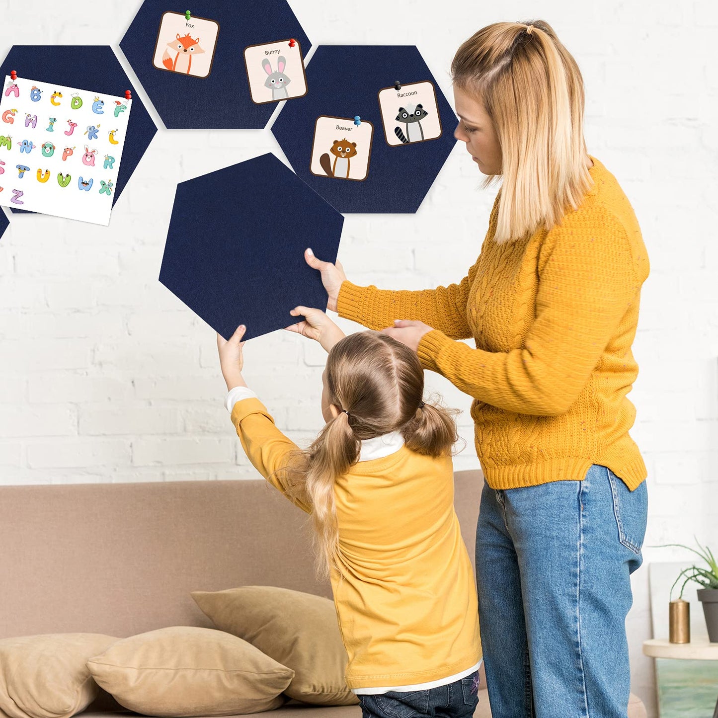 SEG Direct Hexagon Felt Cork Board Tiles, Hexagon Felt Bulletin Board Tiles Self Adhesive Picture Board, Memo Notice Tiles Pin Board for Walls Office, 11.8" x 10.2", 5PCS(Dark Blue)