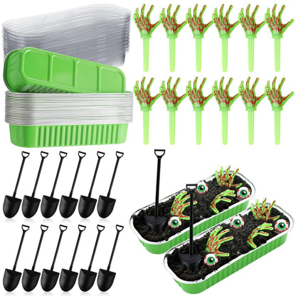 SiliFine 24 Set Halloween Zombie Hands Decor Green Skeleton Hands Cake Toppers Halloween Baking Pans with Lids Shovel Spoons Horror Spooky Decoration for Zombie Birthday Party(Green)