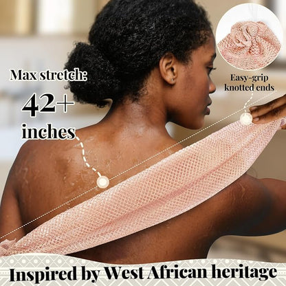 African Net Sponge Authentic-4 Packs African Exfoliating Net Sponge,Bath Sponges for Shower,42 inch Long for Normal to Sensitive Skin,Body Exfoliator Shower(Pink,Neon Pink,Light Gray,Black)
