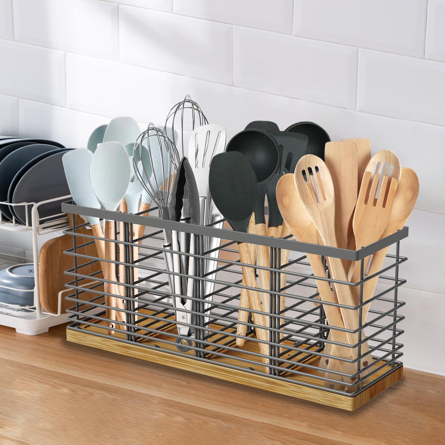 Suli Extra Large Kitchen Utensil Holder Countertop with 4 Compartments,Grey Metal holder with Wooden Base for Countertop,Farmhouse Utensil Organizer for counter,Rustic Cooking Utensil Organizer