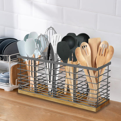 Suli Extra Large Kitchen Utensil Holder Countertop with 4 Compartments,Grey Metal holder with Wooden Base for Countertop,Farmhouse Utensil Organizer for counter,Rustic Cooking Utensil Organizer