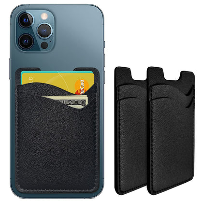 Leather Phone Wallet, Stick On Card Holder for Back of Phone Case - Compatible with Most Cell Phones (iPhone, Samsung) - 2Pack Black