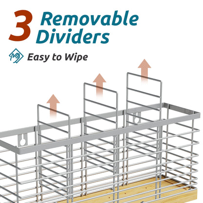 Suli Extra Large Kitchen Utensil Holder Countertop with 4 Compartments,Silvery Metal holder with Wooden Base for Countertop,Farmhouse Utensil Organizer for counter,Rustic Cooking Utensil Organizer
