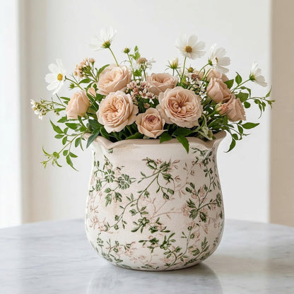 behen bahen Vintage Ceramic Planter Pot with Drainage Holes, Green Floral Design, 6.11 Inch, Distressed Tuscan Style, Indoor Plant Pot and Vase (Sage Beige)