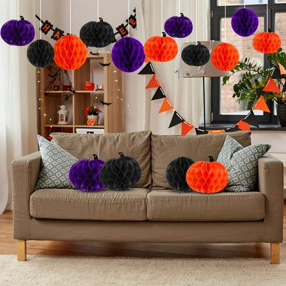 BOARDFEB 15Pcs Halloween Honeycomb Decorations, Orange Purple Black Pumpkin Paper Honeycomb Balls Halloween Hanging Ornaments for Party Favor Supplies