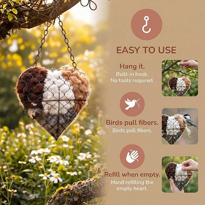 Handmade Alpaca Fiber Bird Nesting Heart with 6 Refill Bags, Reusable Nesting Material Accessory for Wild Birds, Outdoor Garden Decoration, Gift for Bird & Nature Lovers (3 Sets)