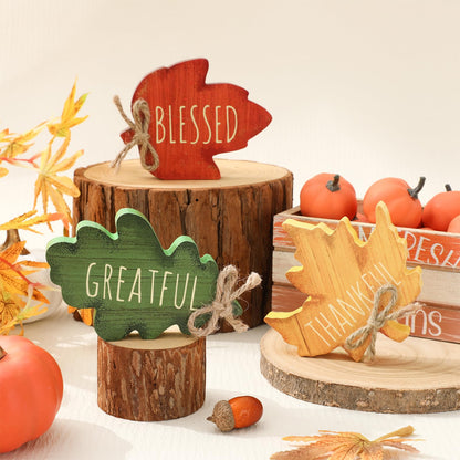 FYSUIMU 3 Pcs Fall Leaves Wood Table Sign Maple Leaf Thankful Tiered Tray Decor Thanksgiving Table Centerpieces Blessed Grateful Wooden Blocks for Autumn Home School Office Desk Decor