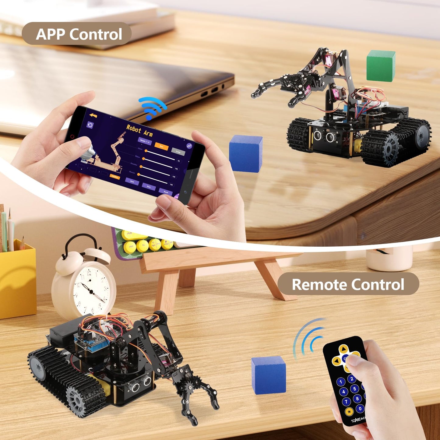 Robotics for Kids Ages 12-16, ACEBOTT 4 in 1 Smart Robot Arm with 5DOF + Tank Car, STEM Toys Coding Kit Compatible with Arduino & Scratch, App & Remote Control, for Kids & Teens