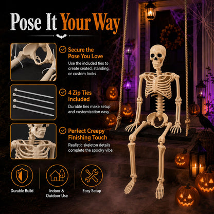 Sintuff Halloween Swinging Skeleton on Swing, Outdoor Swinging Ghost Decor, 35.4" Hanging Skeleton with 13.8" Wooden Seat for Yard, Porch, Tree, Spooky Halloween Decorations