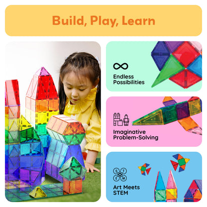 PicassoTiles 60 Piece Set 60pcs Magnet Building Tiles Clear Magnetic 3D Blocks Construction Playboards - Creativity Beyond Imagination, Inspirational, Recreational, Educational, Conventional