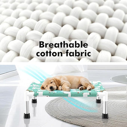 Cute Alpaca Print Elevated Dog Bed - Portable Cooling Pet Cot for Small Dogs - Breathable Thickened Fabric Hammock, Crate Compatible, Indoor & Outdoor Use