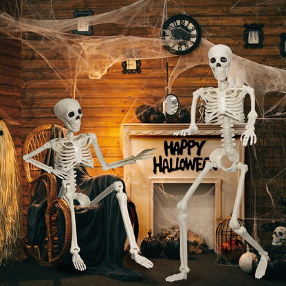 2 Pack 36" Skeleton Halloween Decorations,3Ft Plastic Posable Skeleton with Movable Joints,with 20 Spiders & Spider Webs for Halloween Party Decorations,Yard Haunted House Props Indoor Outdoor Decor