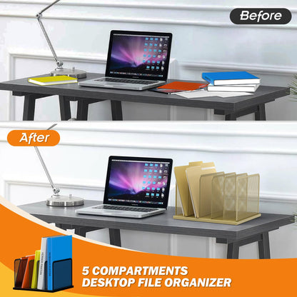 Kuntine.B Desk File Organizer Upright Mesh Desktop Organizer File Sorter Office Organization File Holder for Home, Office & Classroom (Gold, 1 Pack 5-Section)