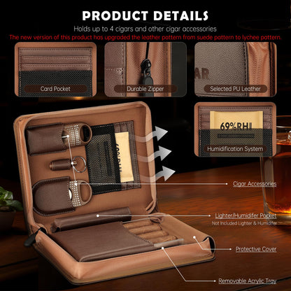 KEJIAR Cigar Humidor Case, Portable Cigar Box with Straight Cutter, V Cutter, Hole Puncher, Humidifier Packs, Travel Humidor and Cigar Accessories Gift Set Leather Cigar Case (Brown)