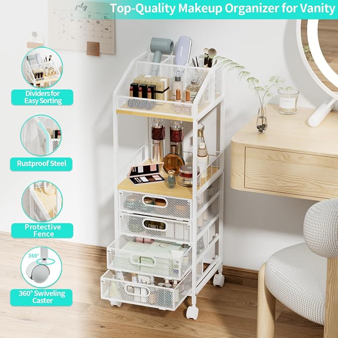 HapiRm Rolling Cart Makeup Organizer - Metal Makeup Cart with Wheels and Drawers for Small Spaces & Messy Vanities, Space-Saving Beauty Cosmetics Cart Storage Cabinet Stand for Perfume Hair Tools