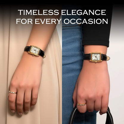 Miykon Gold Vintage Watches for Women - Small Dainty Tank, Square Womens Watch with Brown Genuine Leather Strap - Second Hand, Japanese Quartz, Waterproof to 100ft