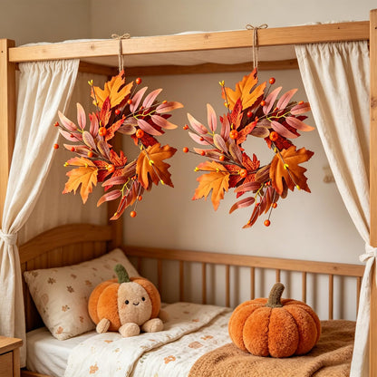 4 Pcs Mini Fall Wreaths Thanksgiving Table Centerpieces Fall Candle Rings 9 Inch Maple Leaf Wreaths for Cabinets Farmhouse Autumn Wreath for Front Door Porch Wall Window Decorations