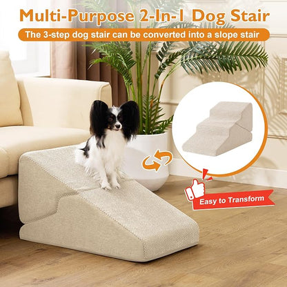 Dog Stairs for Small Dogs 16’’ H, 3-Step Dog Steps for Bed, Foldable Pet Stairs and Ramp for Dogs and Cats to Get on Beds, Couch, Non-Slip Balanced Pet Steps with Waterproof Cover, Beige