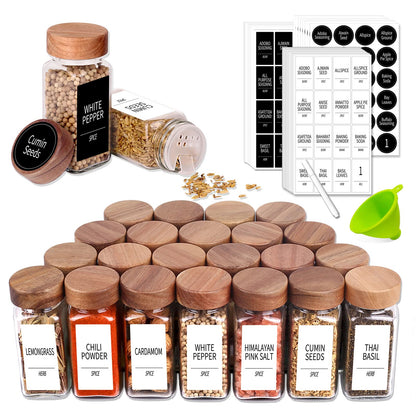 Churboro 24 Spice Jars with 547 Labels - Glass Spice Jars with Shaker Lids - 4 Oz Square Spice Containers with Acacia Wood Lids, Chalk Pen, Funnel- Seasoning Jars for Spice Rack, Cabinet, or Drawer