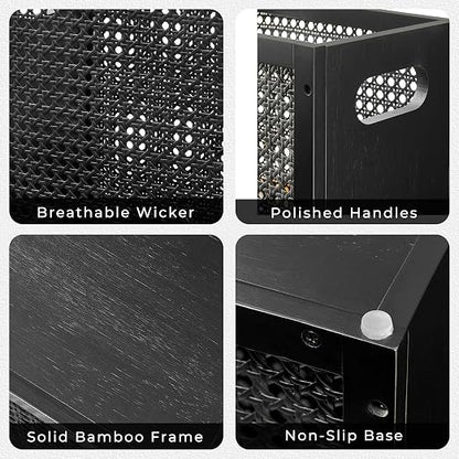 TIOPGHAD Small-Wicker-Waste-Basket-Trash-Can 3 Gallon/11.6 L Bamboo Mini Rattan Wastebasket Garbage Can Trashcan Wood Trash bin for Bathroom Office Living Room(Black)