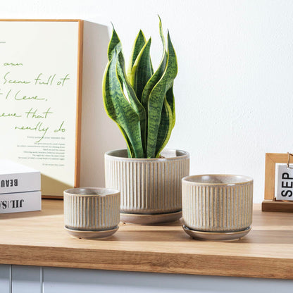SURE YUESI Speckle Gray Ceramic Plant Pots Set of 3 (4.3”+5.5”+6.7”) Indoor Striped Planters with Drainage Hole, Saucer Pad, Decorative Pots for Plants & Gardening
