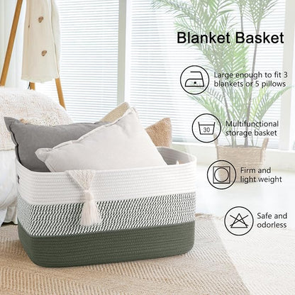 OIAHOMY Large Blanket Basket, 22”x17”x12” Rectangle Woven Baskets, Nursery Blanket Storage Living Room, Toy Storage With Handle, Large Baskets for Organizing-Green/White