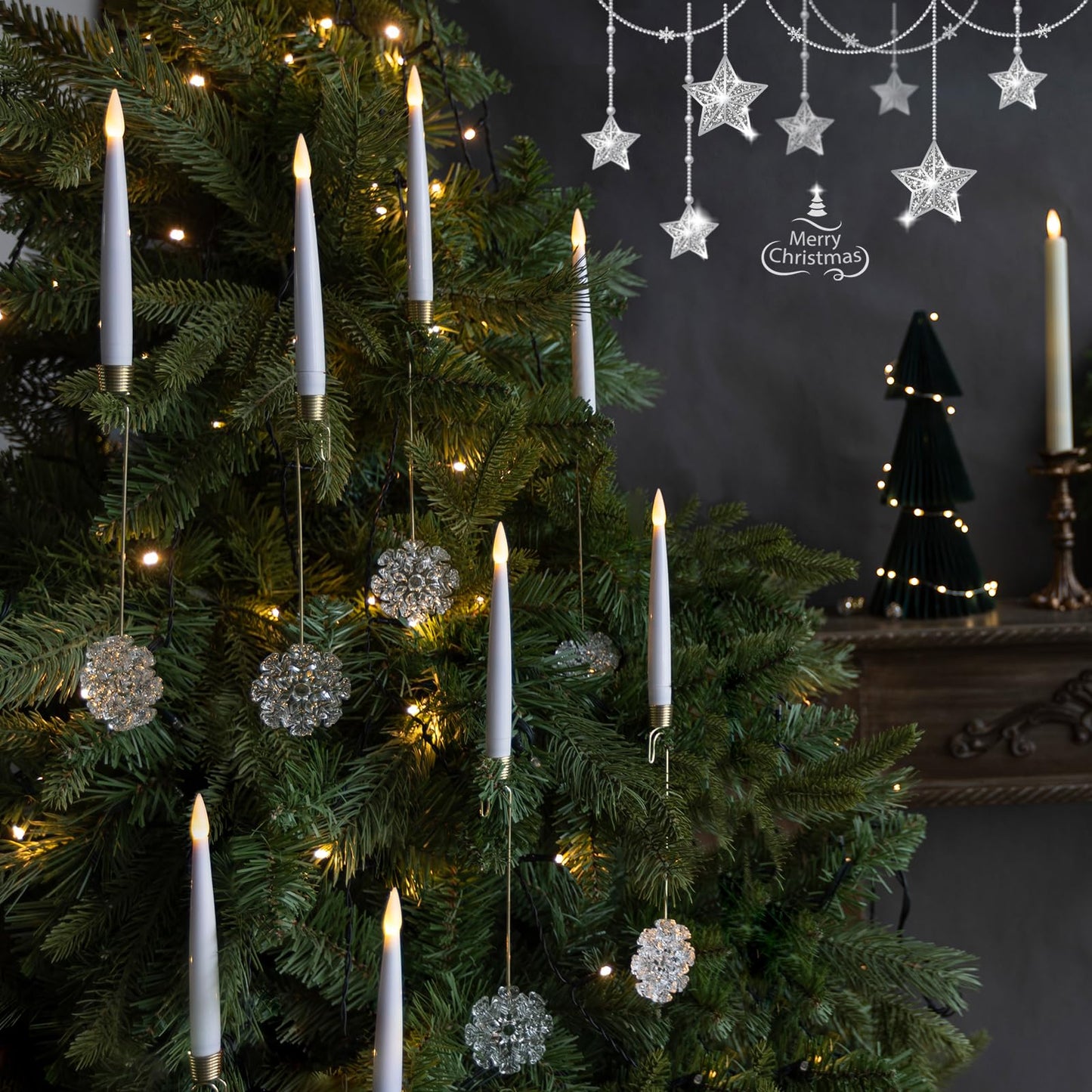 LUSHARBOR Christmas Tree Candles, 10 Pack Flameless Taper Candles for Christmas Tree, LED Battery Operated Fake Candle with Remote for Xmas Wedding Decor with Crystal Snowflake Hook