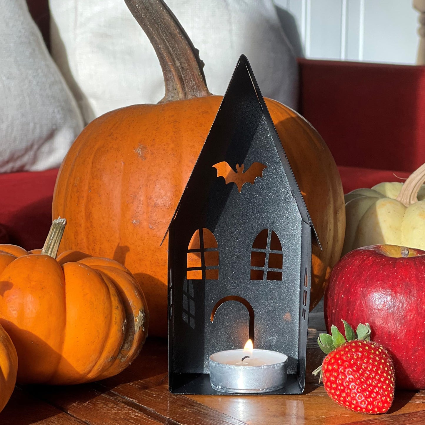 Spooky Halloween House Tea Light Candle Lanterns, Set of 2, Bat Black and Ghost Ivory, Metal, 6.25 and 4.75 Inches, Gabled Roof-Tops, Windows,