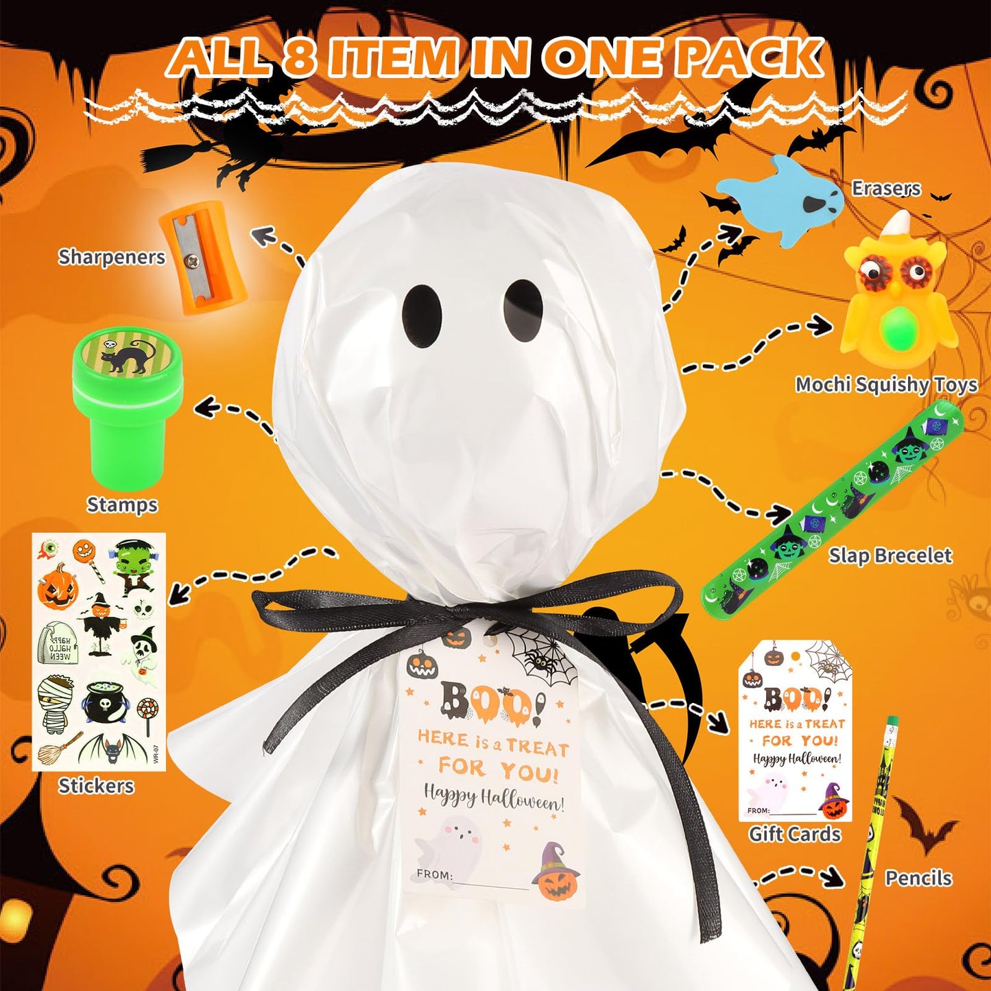 LiYiQ 24Pack Halloween Party Favors, Halloween Classroom Gifts Giant Lollipop Gifts for Birthday Party with Gift Cards, Pencils, Erasers, Stickers, Sharpener for Classroom Exchange Party Gift
