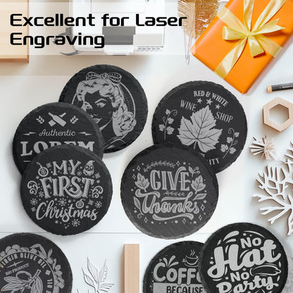 Slate Coasters with Holder, MAPRIAL 4 Inch Coaster Set of 12 Round Black Slate Stone DIY Coasters with Anti-Scratch Backing for Halloween Christmas, Bar, Kitchen, Home Decor, Gifts for Mom, Dad