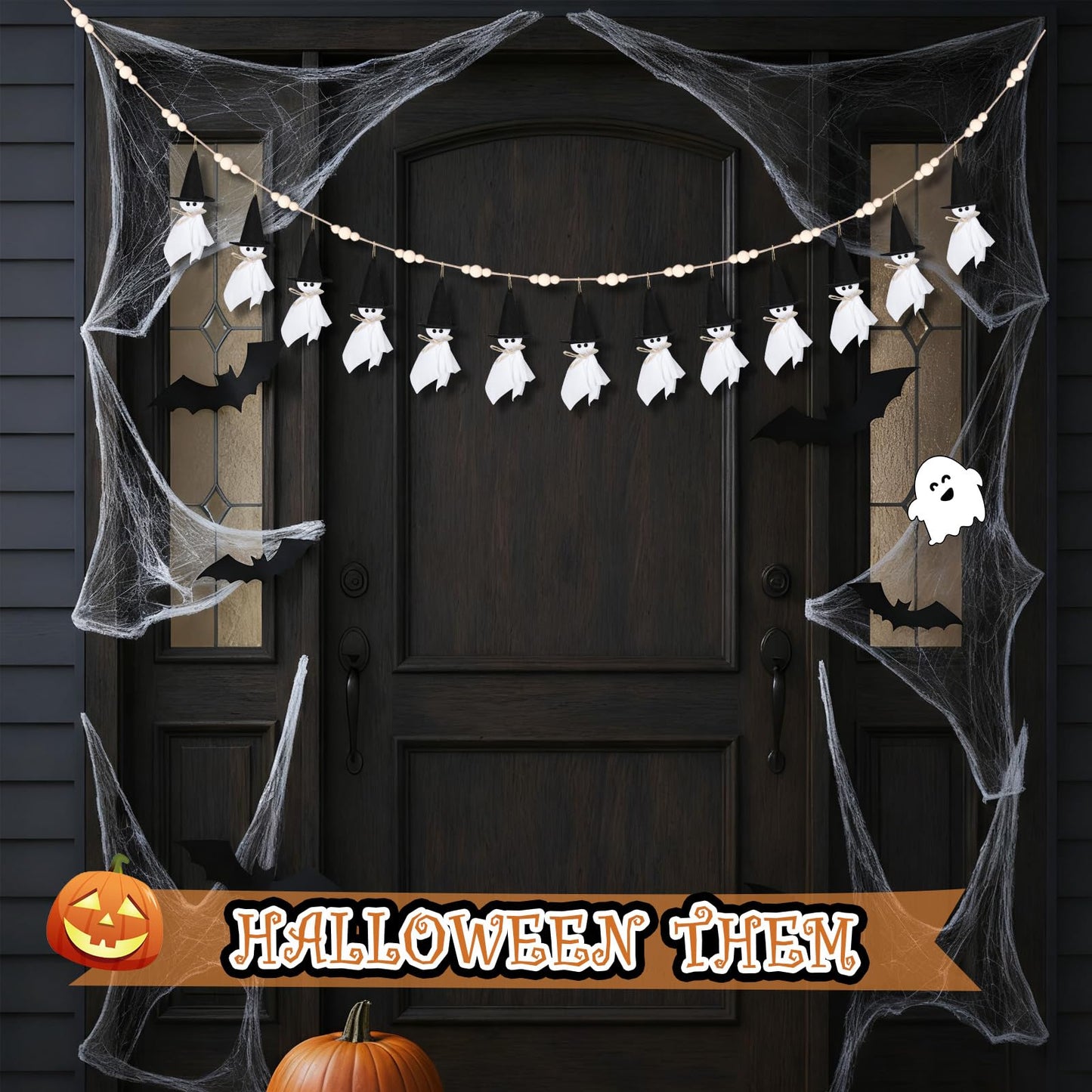 VitalCozy 7ft Halloween Garland Cute Witch Hat Ghost with Wooden Beads Garlands Farmhouse Rustic Halloween Banner for Wall Haunted House Party Yard Outdoor Spring Decor Supplies