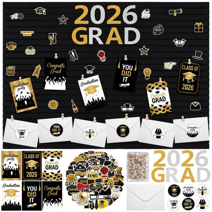 Nuanchu Graduation Bulletin Boards Decorations Set, DIY Poster Photo Board Kit with Black Felt Panels, 2026 Graduation Cards & Envelopes, Sticker Set, Push Pins, Cardstock Decor for Party Classroom