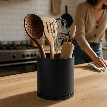 D'vine Dev 360° Rotating Utensil Holder Set – 7.2"+5" Kitchen Utensil Crocks for Countertop, Modern Cooking Tool Organizers for Kitchen Storage +Décor, Black, Set of 2, 72-Z-B-1