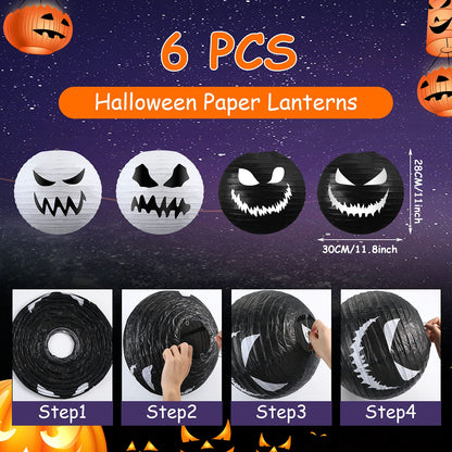 6 Pieces Halloween Paper Lanterns Party Decorations Halloween Hanging Lanterns Decorative for Home Outdoor Yard Party Supplies Favors 11.8 x 11 inch, White, Black (Normal Style)