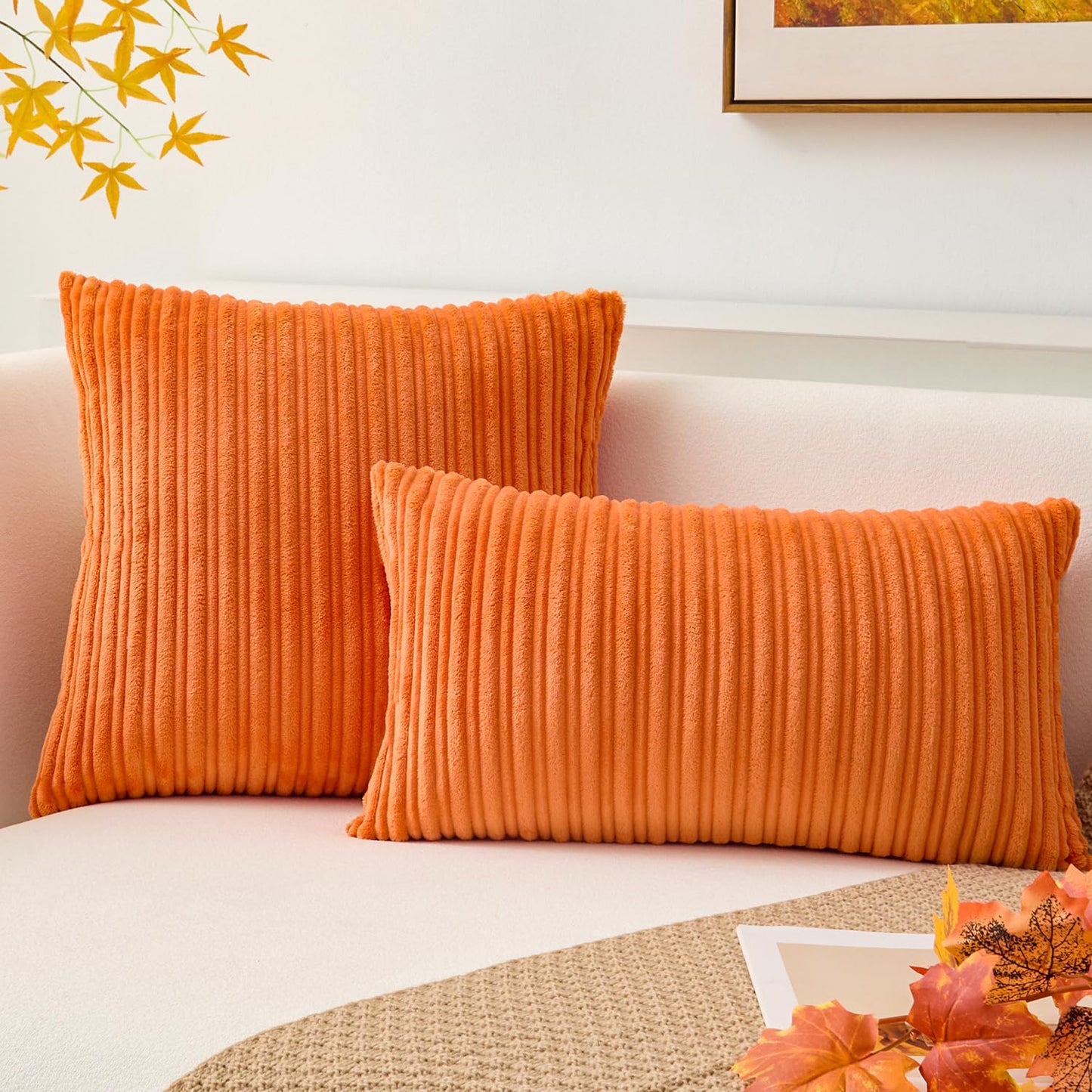 Kevin Textile Fall Pillow Covers 18x18 Striped Corduroy Velvet Cushion Covers Set of 2 Baby Square Decorative Pillowcase for Seasonal Autumn, 18 x 18 inch, Orange