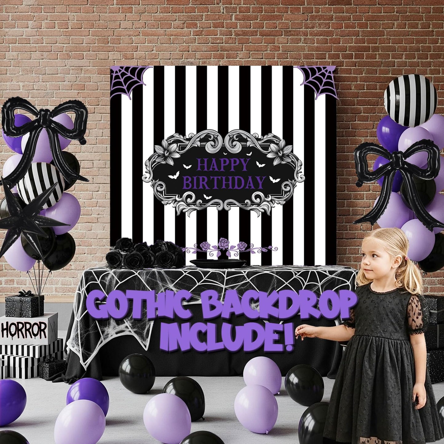 Purple Black Balloon Arch Garland Kit with Bow Star Mylar balloons and Gothic Birthday Backdrop Black white striped balloons for Gothic Girl TV Drama Decorations Spooky Halloween k pop Party Supplies