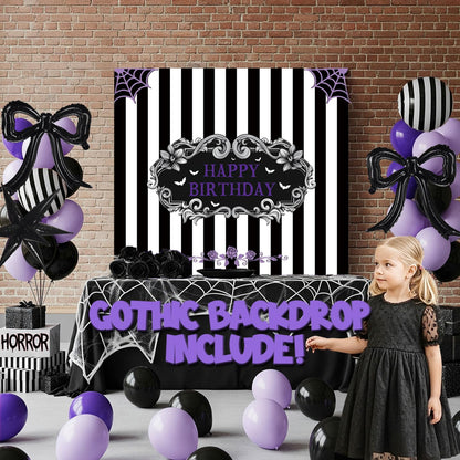 Purple Black Balloon Arch Garland Kit with Bow Star Mylar balloons and Gothic Birthday Backdrop Black white striped balloons for Gothic Girl TV Drama Decorations Spooky Halloween k pop Party Supplies