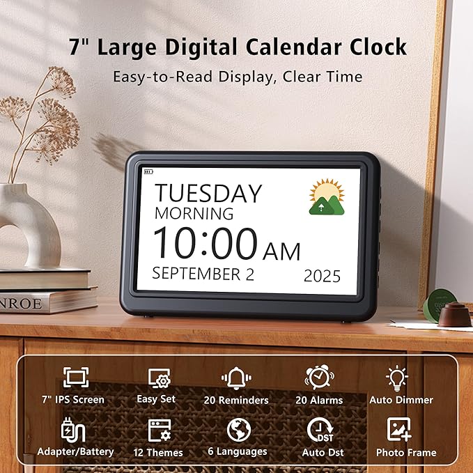PPLEE Digital Clock Large Display – Dementia Clocks for Seniors, 7-Inch HD Display, Multiple Alarms with Repeat, Adjustable Brightness, Calendar & Custom Themes, Ideal for Elderly and Caregivers
