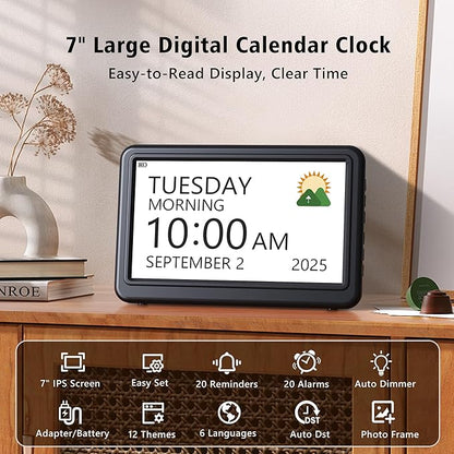 PPLEE Digital Clock Large Display – Dementia Clocks for Seniors, 7-Inch HD Display, Multiple Alarms with Repeat, Adjustable Brightness, Calendar & Custom Themes, Ideal for Elderly and Caregivers