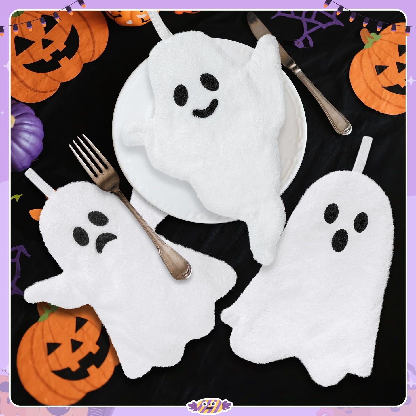 R HORSE Halloween Hand Towels - 3Pcs Halloween White Ghost Bathroom Towels with Hanging Loop Absorbent Coral Fleece Bathroom Hand Towel Soft Thick Dish Cloth for Kitchen Home Decors Holiday Party Gift