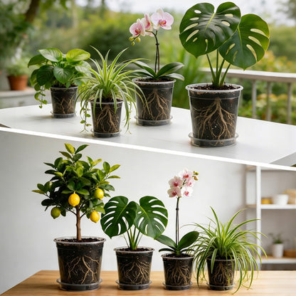BTPLASTIK 1 Gallon Clear Nursery Pots with Saucers 10P, 6.5 Inch Round Plastic Plant Pots with Drainage Holes