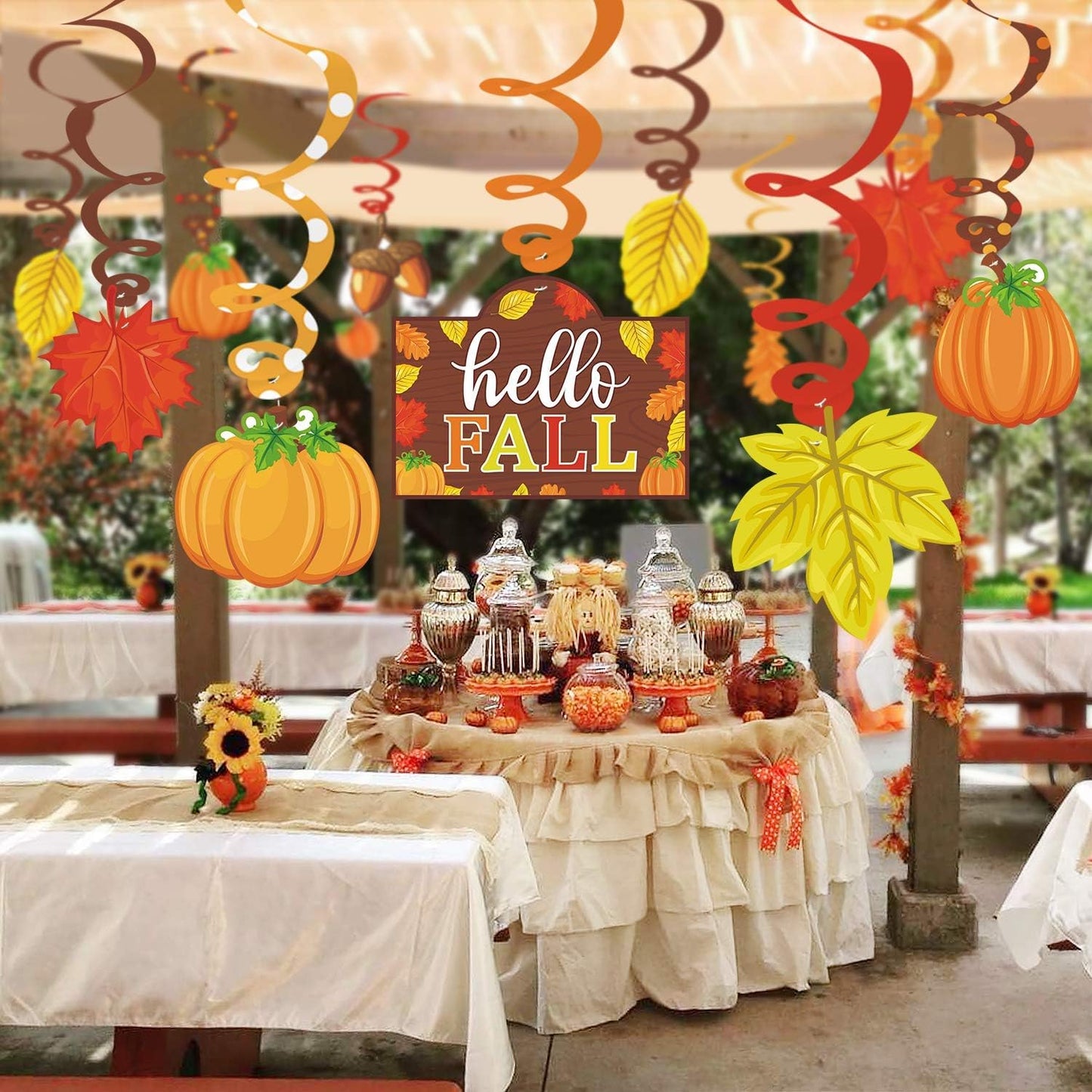 36CT Autumn Hello Fall Party Hanging DecorationsFoil Swirls Pumpkins Maple Leaves Acorns Harvest Thanksgiving Photo Props Ideas Ceiling Door Whirls Streamers Supplies