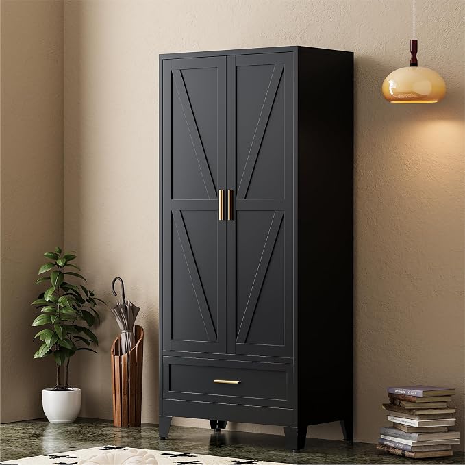 COFaR Modern Black Metal Wardrobe Closet, 71" Tall Steel Armoire with Drawer, Hanging Rod & Adjustable Shelf, 2-Door Freestanding Storage Cabinet for Bedroom, Closet Organization (Black)