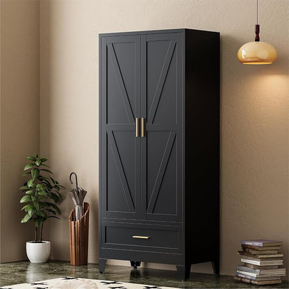 COFaR Modern Black Metal Wardrobe Closet, 71" Tall Steel Armoire with Drawer, Hanging Rod & Adjustable Shelf, 2-Door Freestanding Storage Cabinet for Bedroom, Closet Organization (Black)