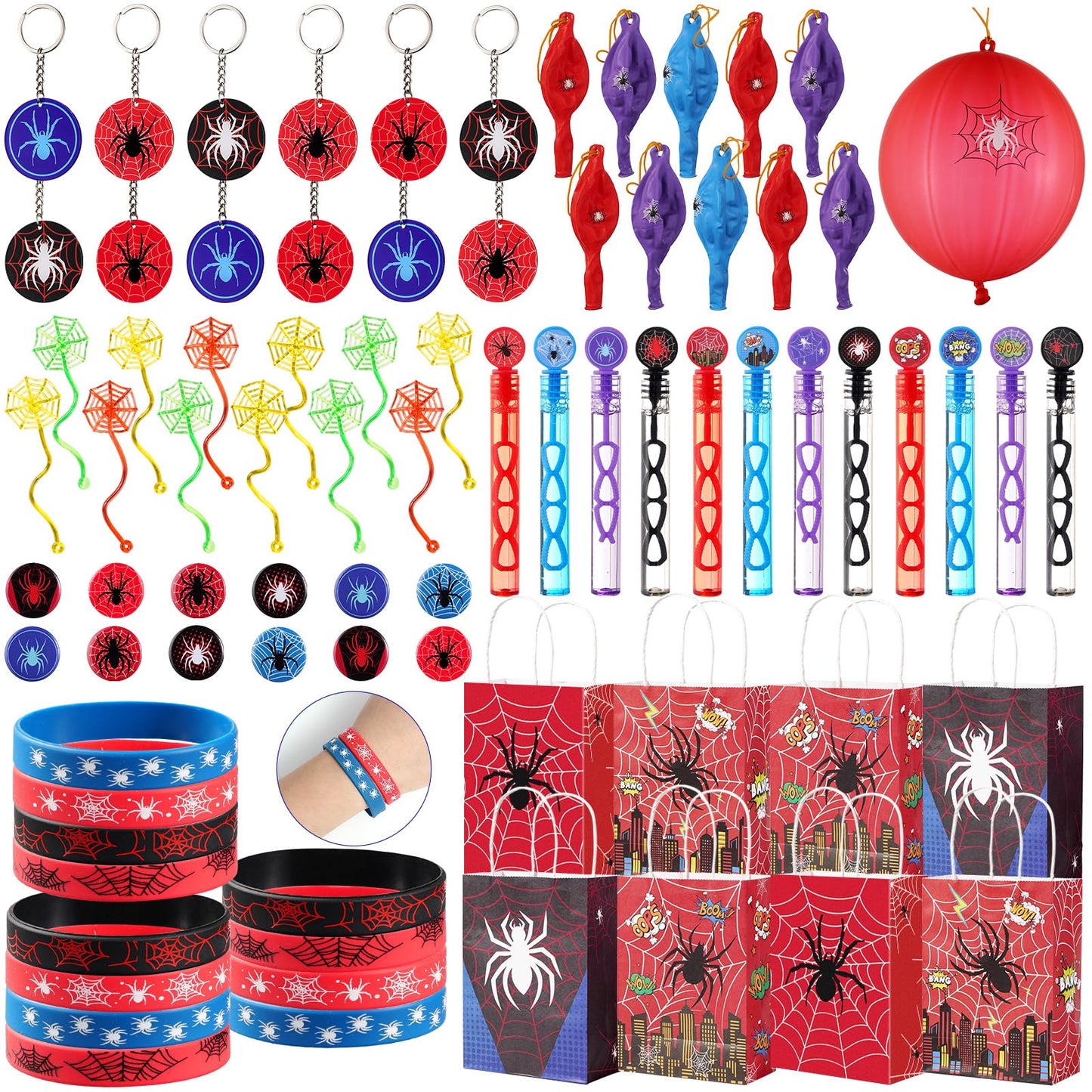 Vanblue 84Pcs Spider Party Favors Hero Theme Birthday Party Decorations Supplies for Kids,Gift Bag,Button Pins,Keychains Goodie Bag Stuffers,Classroom Rewards Gifts,Pinata Stuffers for Boys Movie Fans