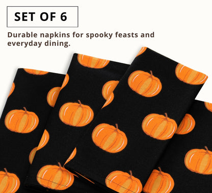 PurpleEssences Fall Pumpkin Harvest Thanksgiving Cloth Napkins 18x18 Inch, Set of 6 - Reusable, Washable Dinner Napkins for Home, Kitchen & Parties - Halloween Pumpkin