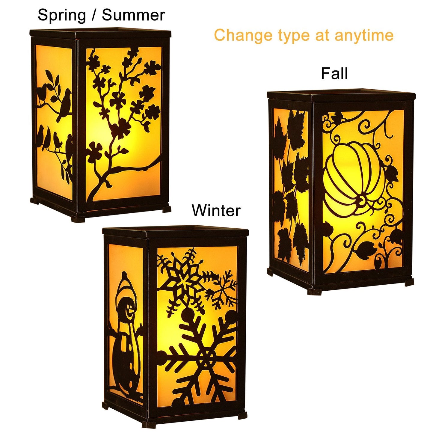 Decorative LED Candle Lantern with Timer & 12 Magnetic Seasonal Panels - Battery Operated Flameless Flickering Candle - Rustic Black Metal Lantern for Indoor & Outdoor Home Decor, 5” x 5” x 8.5”