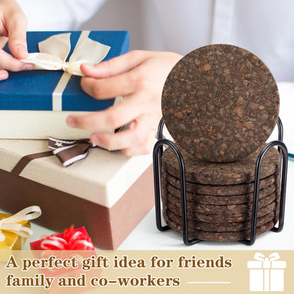 Acellegic 9 Set of Thick Dark Cork Coasters Heat Resistant Non Slip Drink Coaster with Black Holder Elegant Dark Cork Cup Pads for Coffee Tables Natural Wood Table Protectors