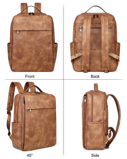 MASINTOR 15.6 inch PU Leather Laptop Backpack Purse for Women, Large College Casual Backpack Travel Bag Mocha Brown