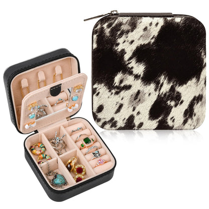 DEEKA Western Jewelry Box Case Real Leather Cow Print Cowhide Tooled Travel Jewelry Organizer Gifts Christmas Gifts for Women Country Girls Cowgirl Stuff Portable Travel Accessories -Black